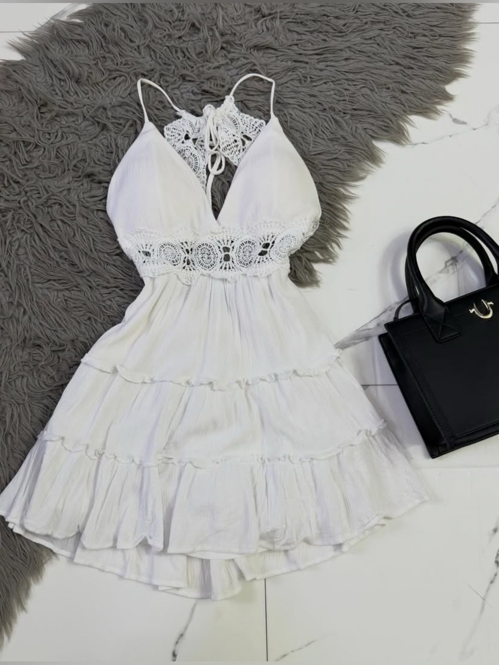 iris White Crochet-Trim Tiered Mini Dress